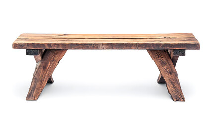 Rustic Wooden Bench with Simplistic Design on White Background