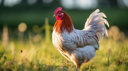 A realistic chicken roaming freely on a green lawn, its feathers in shades of brown, white, and gold, pecking at the grass, the sun shining brightly in the background