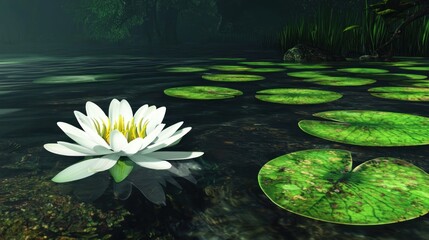 White lotus flower in a still forest pond, sunlight filtering through trees