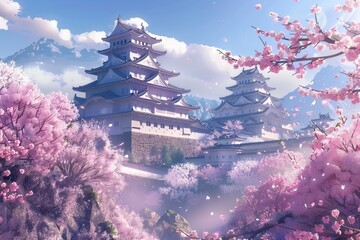 Cherry blossoms and castle in Himeji, Japan