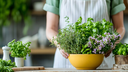 Woman holding fresh herbs in kitchen