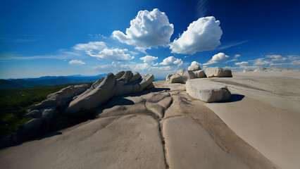 Rocky plateau, wide angle, with distant mountains, blue sky and puffy clouds. Surreal rock...