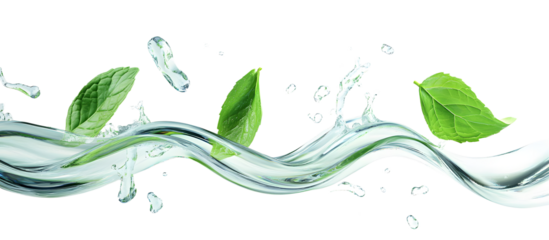3d water splash with green tea or mint leaves isolated on transparent background png render. Abstract liquid wave curve fluid flow with leaf for menthol drink or mouthwash Ad banner. 3D illustration