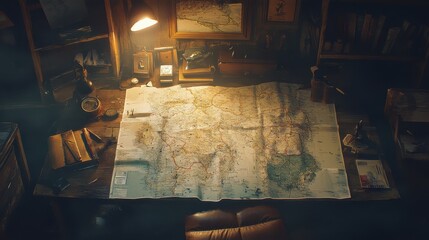 Vintage Map on Wooden Desk Surrounded by Travel Artifacts