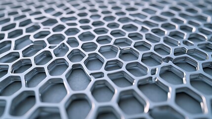 This high-resolution close-up image features a structured honeycomb pattern in a metallic finish, showcasing intricate details and a modern aesthetic for design projects.