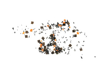 Dry kelp seaweed squares, mini wakame pieces isolated, dried kombu and carrot flakes from ramen