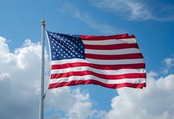 Fototapeta premium American Flag Waving in Blue Sky with White Clouds 