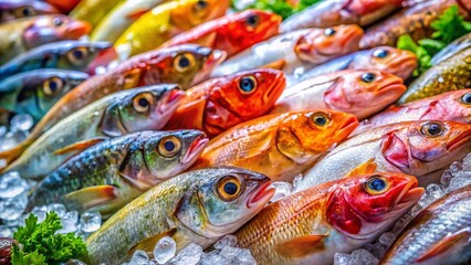Fresh Seafood at Japanese Market: Close-up of glistening fish on ice for sale.
