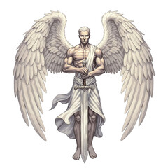 a powerful angel with large wings and a magical illuminated sword on a transparent background