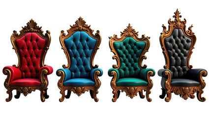 Four Elegant Gold and Velvet Throne Chairs Royal Luxury Seating Baroque Style