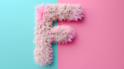 Fototapeta premium Letter F three dimensional view with wool texture isolated at pink and aqua background