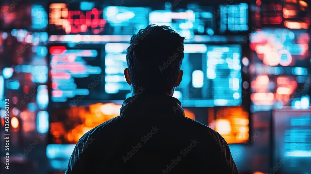 Poster a person attending a conference on digital currency and blockchain technology, with screens showing 
