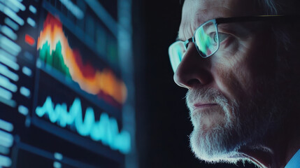 Data analyst focuses on complex graphs while analyzing metrics in a dark office environment during nighttime