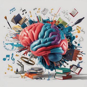 Create a vibrant digital illustration of a human brain exploding with creativity 