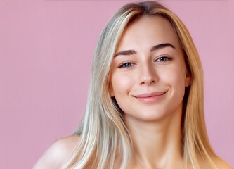 Naklejka premium The image is a close-up portrait of a young woman with long blonde hair. She is smiling and looking directly at the camera. Her hair is styled in loose waves and falls over her shoulders. 