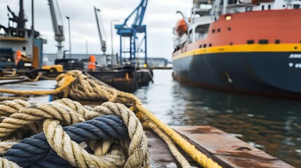 Obraz premium Dockside scene featuring a moored cargo ship with cranes and workers in the background, showcasing maritime activity
