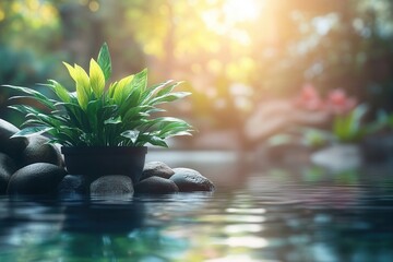 Potted plant on smooth stones by water