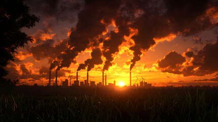Dramatic Sunset over Industrial Cityscape with Smoke Plumes and Golden Light Illuminating a Silhouette Horizon
