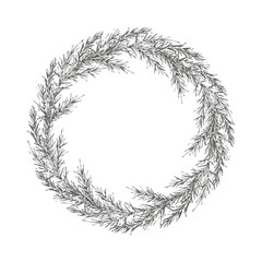 Christmas wreath with Spruce branch. Vector graphics illustration isolated on white background shape. Perfect for New Year compositions, wrapping paper, dishes, textiles, packaging or memorial card © Yulia Kapura