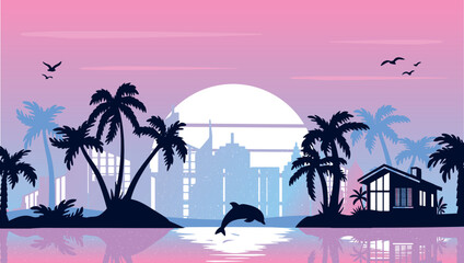 Miami beach vector pink sunset. city ​​skyline by the ocean with palm trees vector