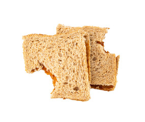 Bitten dried pate sandwich isolated, low-quality food leftovers, bad quality toast bread lunch