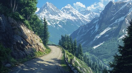 Obraz premium A narrow mountain road winding through steep cliffs, with sharp turns and hairpin bends. Snow-capped peaks rise in the distance, and the road is bordered by evergreen trees