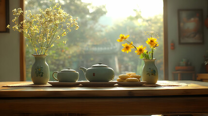 Light Filled Asian Interior With Tea Set And Flowers