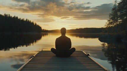 A person sitting on a dock, gazing at the sunset, fully immersed in the moment during a digital detox trip, focusing on mindfulness and disconnecting from technology