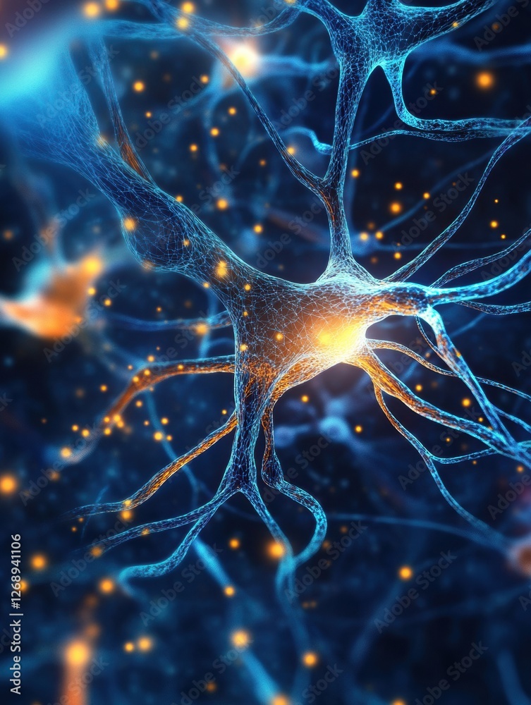 Poster close up view of vibrant neurons and synapses showcasing dynamic activity in a neural network under 