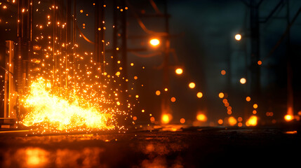 Fiery Welding Sparks Flying in Dark Industrial Atmosphere with Structural Metal Framework