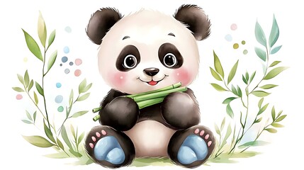 Cute chibi panda with tiny paws, soft watercolor shading, and a happy expression, eating bamboo on a white background
