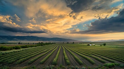 Expansive Agricultural Landscape Under Dramatic Cloudy Sky at Dusk
