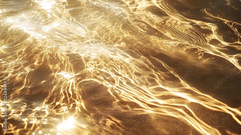 Poster Enchanting reflection of golden shimmering light dancing and rippling across the calm tranquil surface of a serene body of water creating a mesmerizing dreamlike
