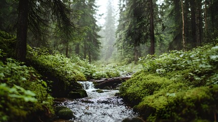 Obraz premium Calm forest stream flowing through lush greenery in a misty wilderness area during early morning