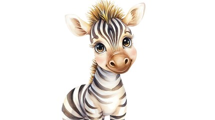 Cute chibi zebra wearing a racing outfit with a tiny helmet, soft watercolor black-and-white stripes, and an excited stance, isolated on a white background
