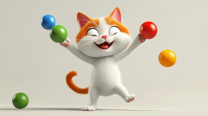 Fototapeta premium Playful Cartoon Cat Juggling Colorful Balls with Joyful Expression