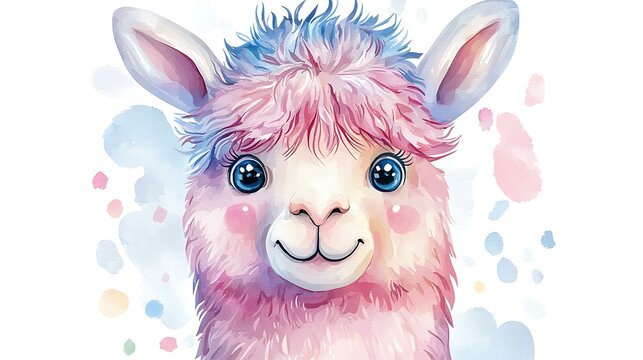 Fluffy chibi alpaca with big sparkling eyes and a curly watercolor coat, smiling on a white background