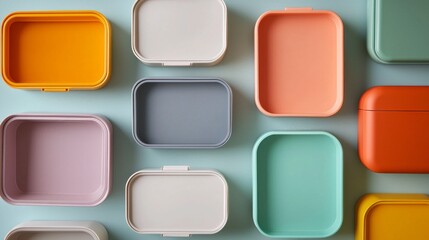 A flat lay showcases a variety of stylish lunch boxes in cheerful colors, neatly positioned on a playful background, perfect for packing nutritious meals for any occasion