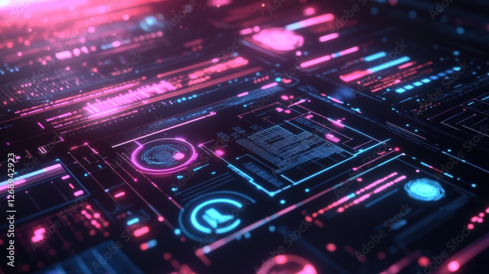 Poster Visual representation of digital interface with neon lights and data patterns during a futuristic technology backdrop. Generative AI