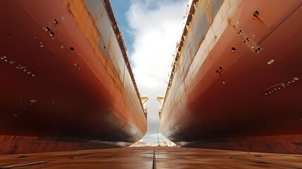 Two large ships in dry dock, showcasing rust and wear, with a cloudy sky in the background