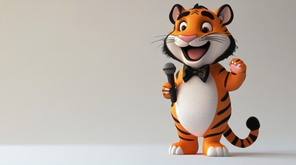 Obraz premium Cheerful cartoon tiger character holding microphone and cupcake