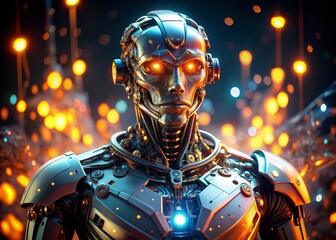 Futuristic Glowing Robot, Cyberpunk Bokeh, Artificial Intelligence, Sci-Fi, Energy Core