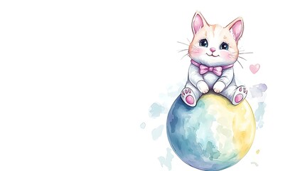 Kawaii chibi robot cat with holographic ears, floating above a neon-colored planet, soft watercolor shading, white background