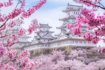Cherry blossoms and castle in Himeji, Japan