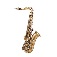 Vintage brass saxophone with detailed keys on white background