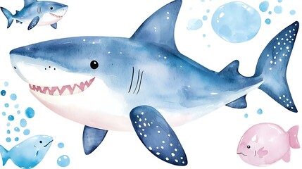 Kawaii chibi shark with tiny fins, soft watercolor blue tones, and a friendly smile, swimming on a white background