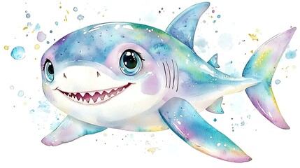 Kawaii chibi shark with tiny fins, soft watercolor blue tones, and a friendly smile, swimming on a white background