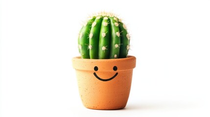 Cute cactus with smiley face pot on white background