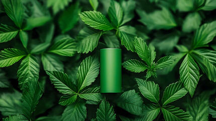Green Battery Among Lush Green Leaves Promoting Sustainable Energy and Environmental Consciousness