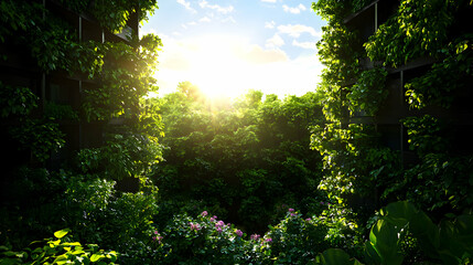 Fototapeta premium Green Building Facade with Climbing Plants and Sun Flare Creating an Ecological Environment